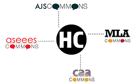 Logo for Humanities Commons with AJS Commons, ASEEES Commons, CAA Commons, and MLA Commons logos each connected with dotted lines.