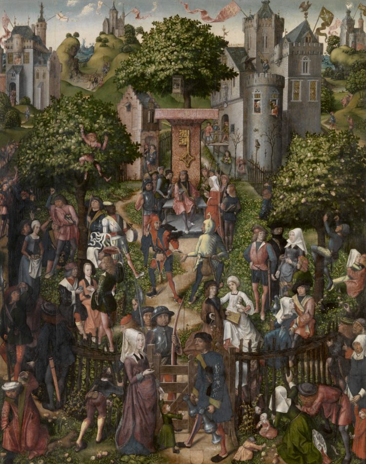 Painting by Master of Frankfurt, Festival of Archers, a crowded outdoor scene.