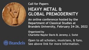 Flyer with Roman stone that displays a hand which comically looks as though it is doing heavy metal 'horns'