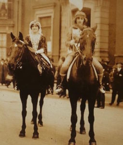 Medievally-costumed women at May 1914 Boston suffrage parade