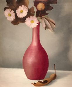 Oil painting of vase with pink flowers