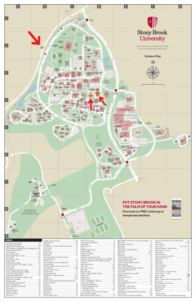 Stony Brook Campus map with red arrows point to LIRR station, Administration Parking Garage, and Humanities building.