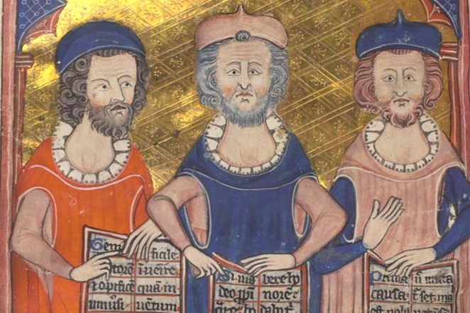 Plato, Seneca, and Aristotle in an illustration from a medieval manuscript, Devotional and Philosophical Writings.