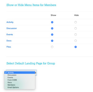 screenshot of the group admin settings page where one can hide menu items or change the default landing page.