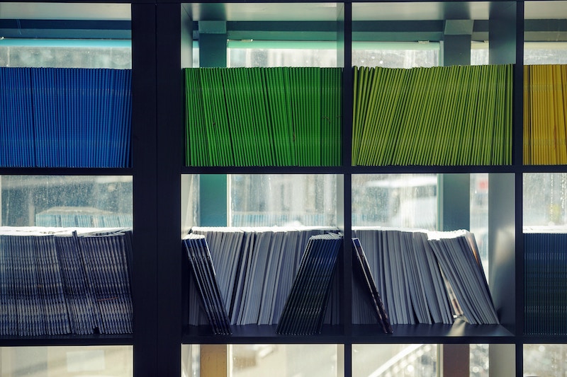 bookshelves filled with thin volumes, in front of a window