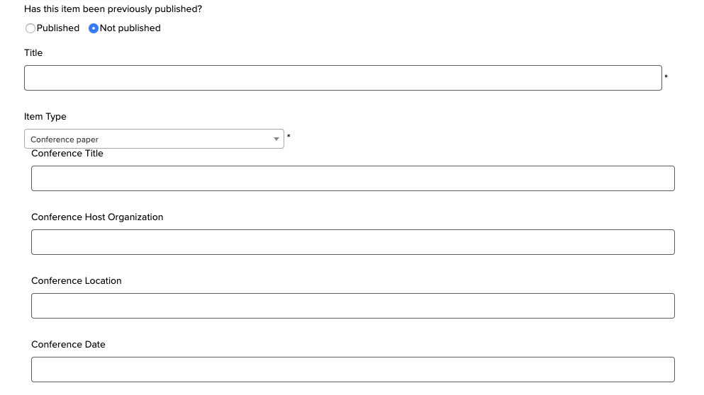 screenshot of core deposit page for a conference paper, which asks for conference title, dates, organizer.