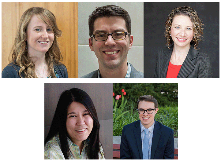 Members of the Composers of Color Resource Project. From top right: Amy Fleming, Aaron Grant, Megan Long, Jan Miyake, and Sam Reenan.