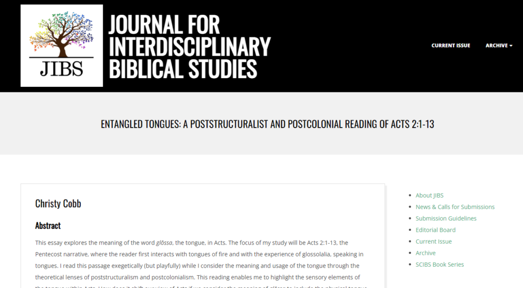 A journal from the Journal for Interdisciplinary Biblical Studies titled "Entangled Tongues: A Poststructuralist and Postcolonial reading of Acts 2:1-13"
