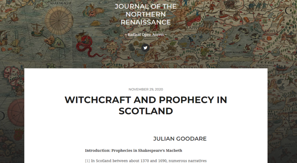 A journal from the Journal of the Northern Renaissance titled, "Witchcraft and Prophecy in Scotland."
