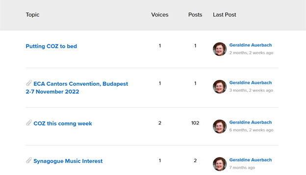 Geraldine Auerbach posting "COZ this coming week" and "Putting COZ to bed" on the group discussion for "Jewish Music" on the Commons