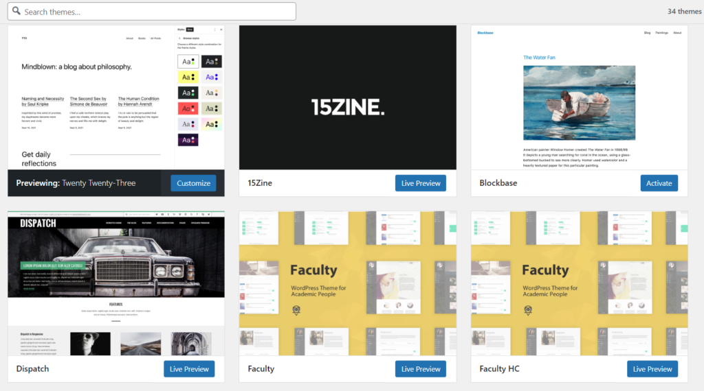 Screenshot of the WordPress "Themes" browsing page with six different website theme examples.