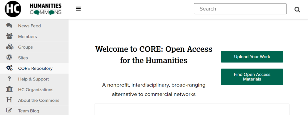Screenshot of the page for the CORE Repository on the Humanities Commons Website