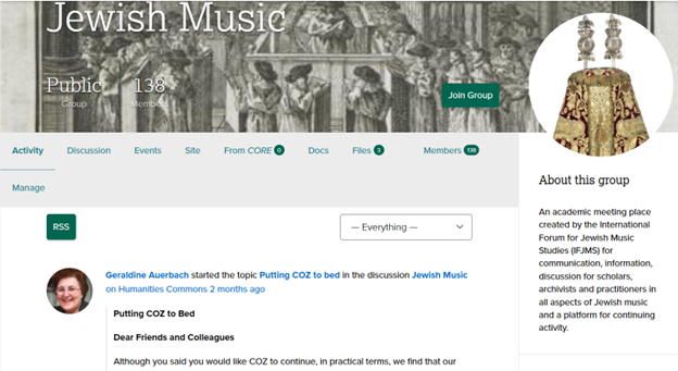 Activity Section of the "Jewish Music" Humanities Commons Group. User Geraldine Auerbach started the topic "Putting COZ to bed."