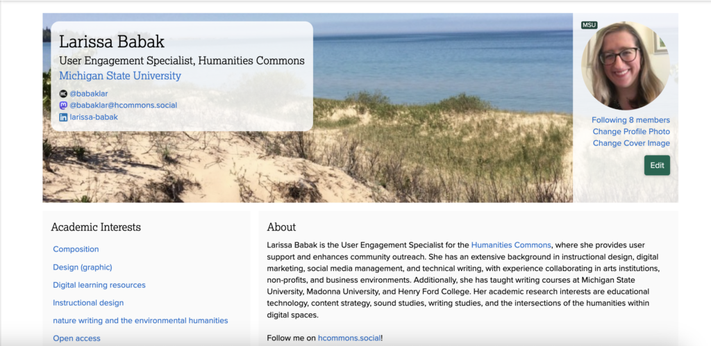 A Humanities Commons profile page.