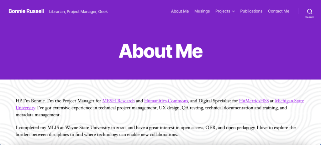 A purple web page with "About Me" in bolded white letters