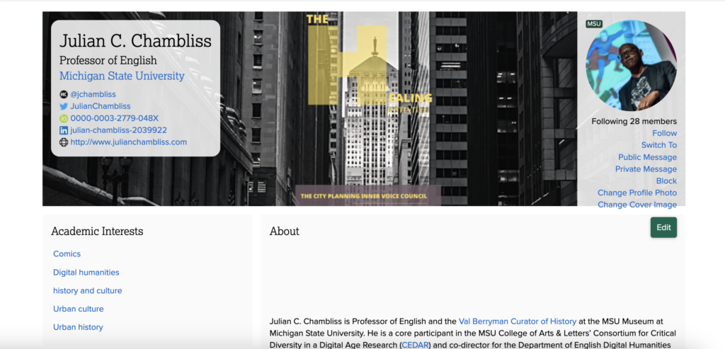 A Commons user profile with the user's name, title, university, and social media handles. A cover image and profile picture are also featured. 