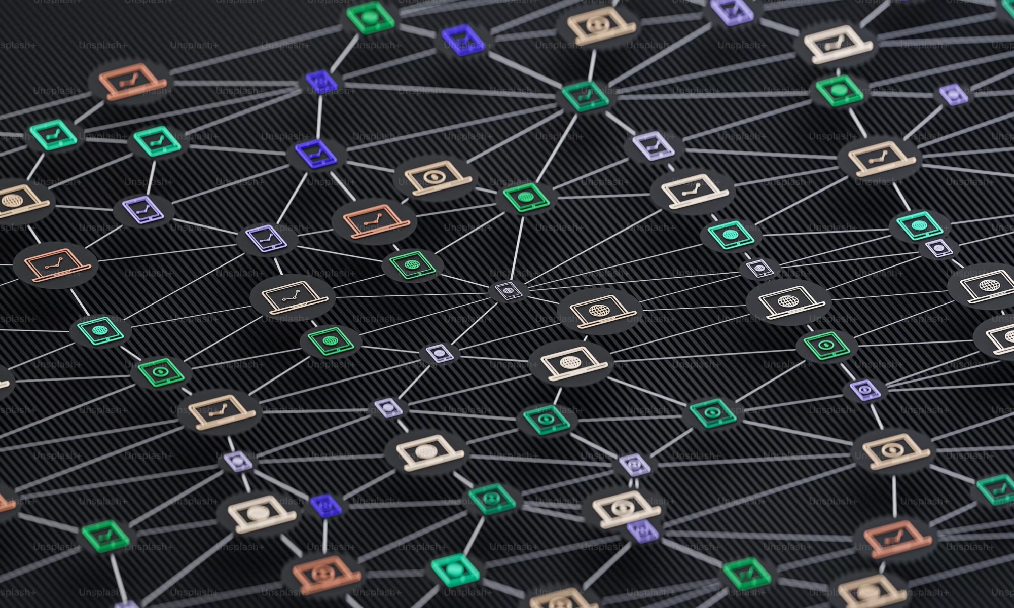 A network of blue, green, and white icons