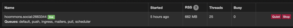 A screenshot of the Sidekiq database showing one listing for hcommons.social