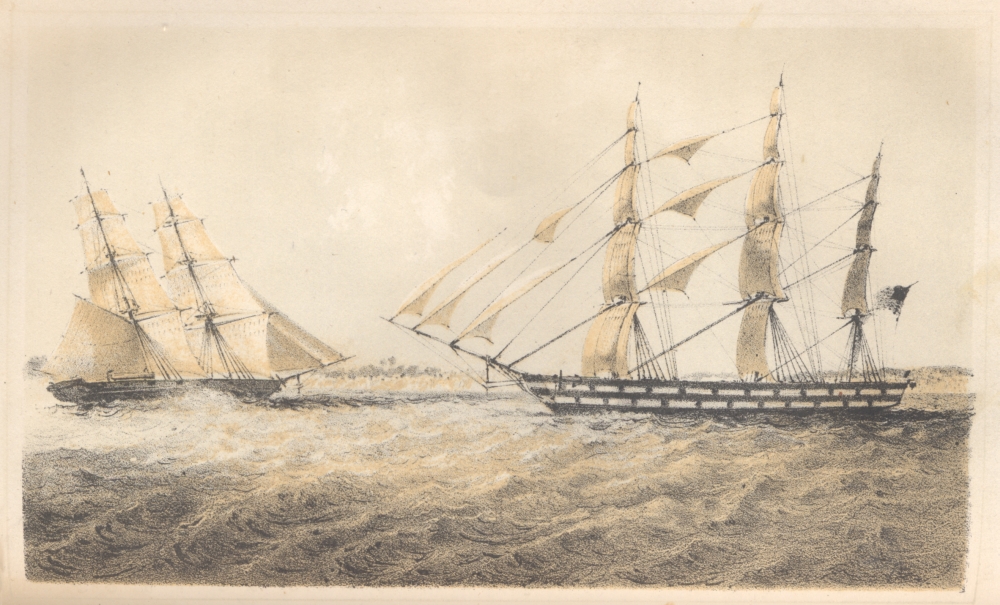 Engraving of a large clipper ship approaching a smaller one.