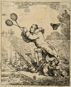 Sir Joseph Banks chasing the butterfly called the Emperor of Morocco. Etching attributed to T. Rowlandson, 1788