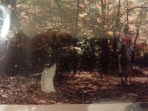 a very blurry photo of a young me wearing a pink sweater riding a great horse in the forest