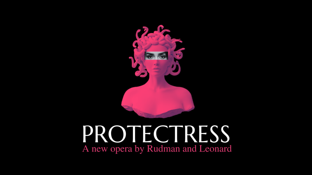 A figure of Medusa in hot pink, with human eyes, and the title Protectress underneath
