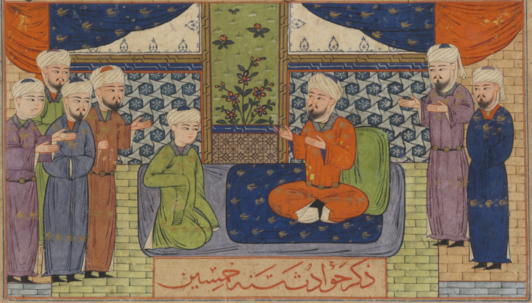 Muawiya with Councillors, from a manuscript of Hafiz-i Abru’s Majma’ al-tawarikh. Photo credit: Yale University Art Gallery.