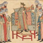 Mahmud of Ghazni receiving a richly decorated robe of honor from the caliph al-Qadir in 1000. Miniature from the Rashid al-Din’s Jami‘ al-Tawarikh. Edinburgh University Library.