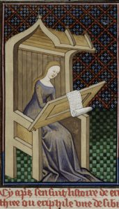 a miniature of the Erithrean Sibyl, writing. British Library, Royal 16 G V f. 23. https://bit.ly/2UxXKFc