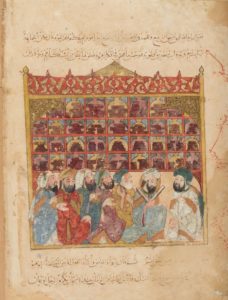 Scholars in library of the House of Wisdom. Book "Maqamat al-Hariri". Painter: Yahya al-Wasiti. Baghdad 1237 AD. At French Nat'l Library, Codex Parisinus Arabus 5847, fol. 5v. Online at: https://gallica.bnf.fr/ark:/12148/btv1b8422965p/f20