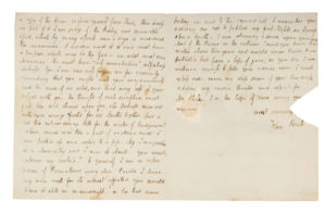 Keats to Shelley, August 16, 1820: Courtesy of the Bodleian Library Website. Note the chunk missing from the side, where Shelley ripped open the wax seal.