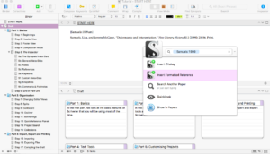 A screen capture showing the split-window feature of Scrivener, as well as the embedded Papers menu