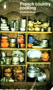 cover - elizabeth david - french country cooking - penguin edition -- illustration of a cupboardful set of pots and pans - photo by Anthony Denney