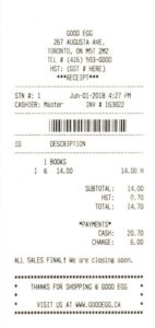 ephemera - receipt The good egg - cookbook store