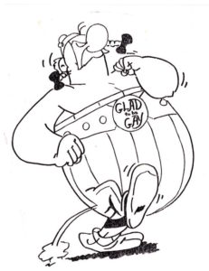 ephemera - Obelix wearing a Glad to Be Gay button