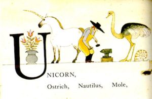 page from Shaker ABC - Unicorn, ostrich, Nautilus, Mole