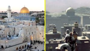 Side-by-side comparison of present-day Jerusalem with medieval Jerusalem in the game Assassin's Creed (2007), as juxtaposed by YouTuber Cycu1