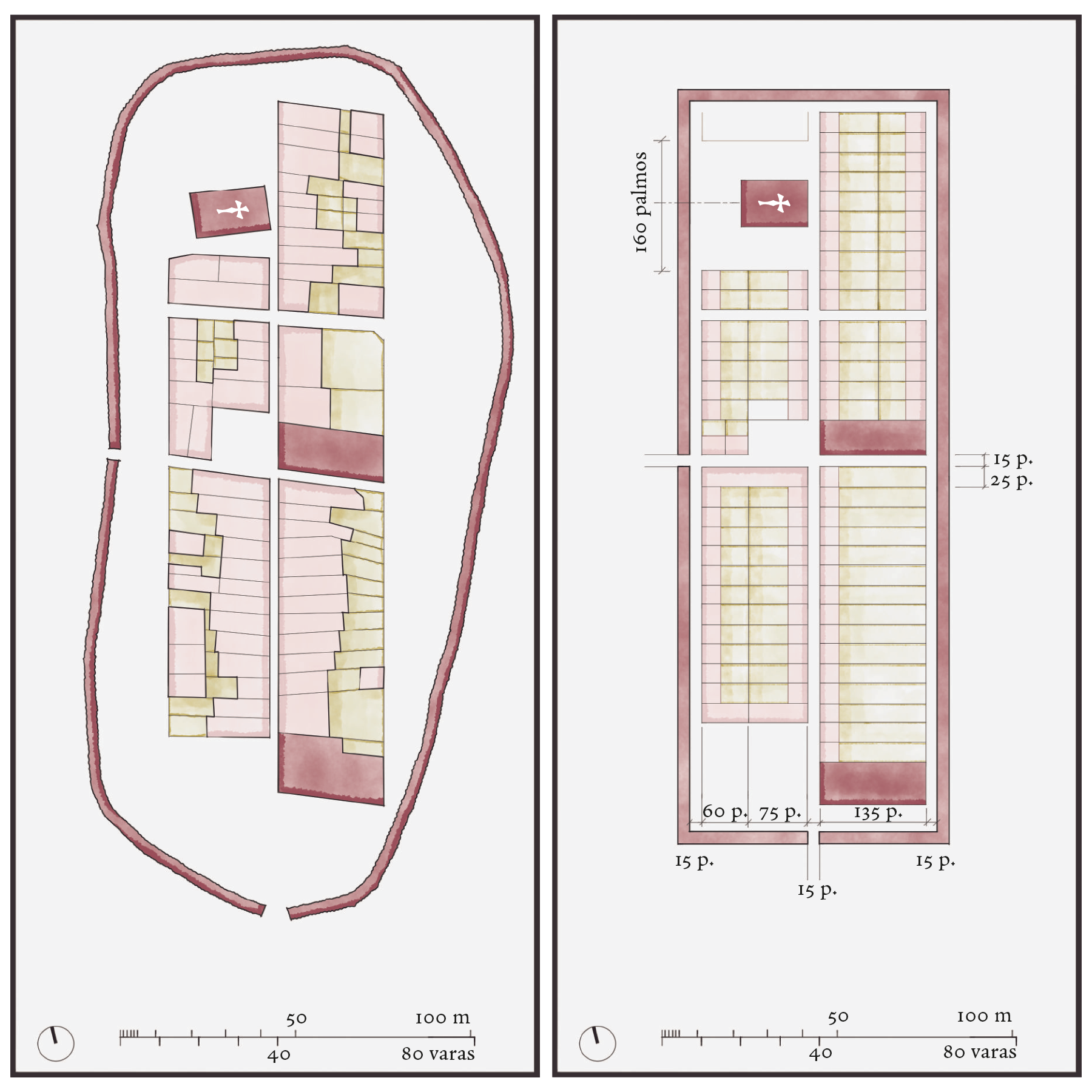 Figure 3: Vila de fundação de Caminha, Minho. Esquerda: planta reconstituída da cidade no século XIII, baseada em Trindade (2009), 140; direita: hipótese de esquema modular ideal