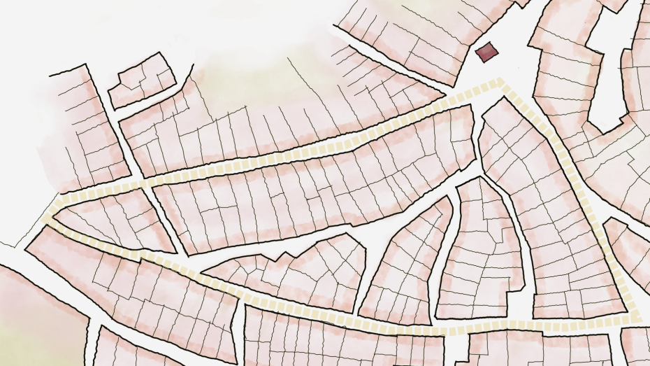 Figure 2: Reconstituição da judiaria de Castelo de Vide (Alto Alentejo) no século XV, mostrando o traçado estruturante que delimita um bloco de quadras (sombreados em rosa) delimitados por ruas da frente (tracejado) e contendo ruas de trás (ruas sem tracejado). Desenho do autor