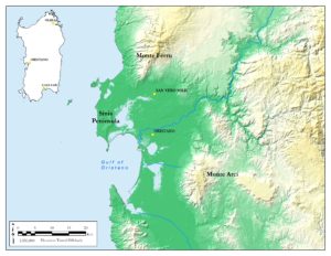 Map of the west-central Sardinia, including the town of San Vero Milis and the Sinis Peninsula.