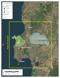 Map of the general area of interest for the wider survey, as well as Zone A and Zone B, our first two survey zones.