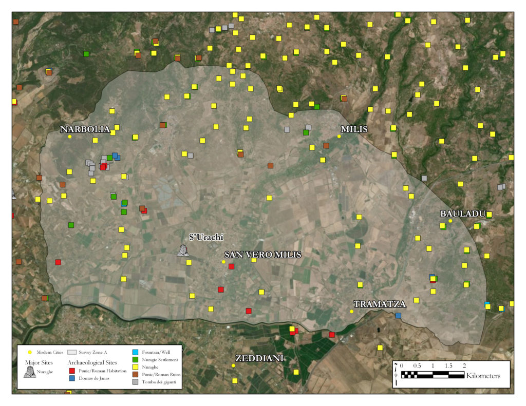 Close-up map of Zone A with known archaeological sites.