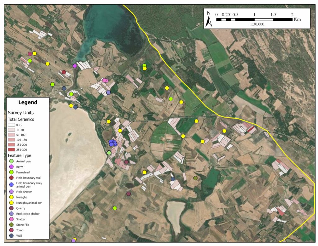 Close-up view of the survey units added to Zone B in 2022 showing the distribution of ceramics and the features.