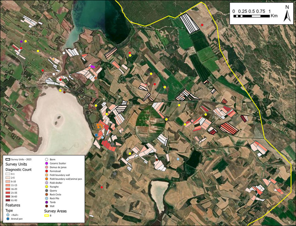 Map of ceramic counts from all survey units in Zone B with recorded features marked.
