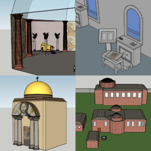 Grid of four images of architecture