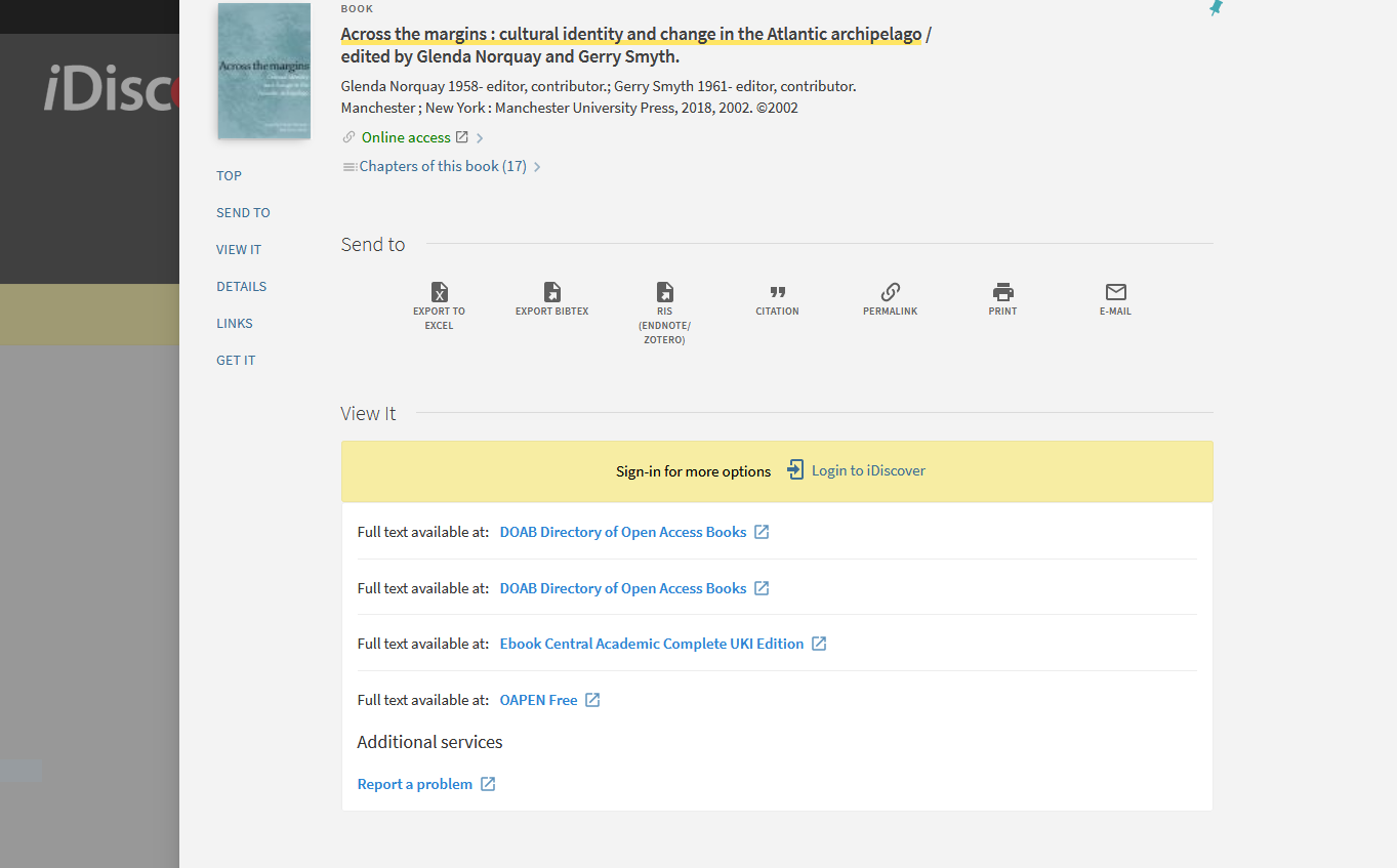 A catalogue record showing one OA ebook available through multiple routes. 