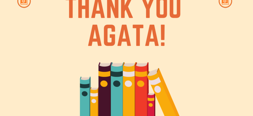 The words 'Thank you Agata!' over some books on a bookshelf.
