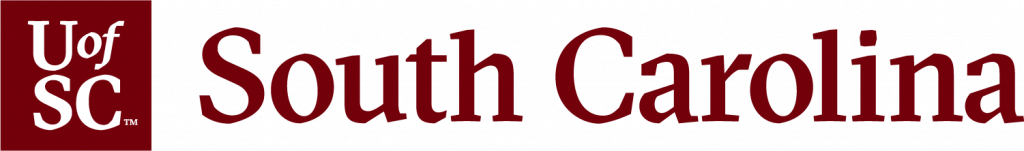 A logo of burgundy text on white background. The text reads "U of SC" and "South Carolina."