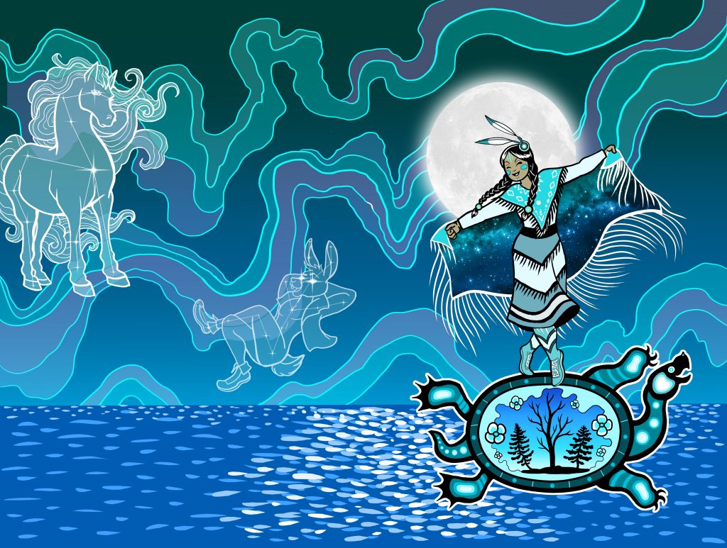 A young indigenous woman in regalia dances upon the back of an X-ray turtle in full moonlight over a great body of water while the Northern Lights are in the background. The entire picture is in shades of blue and blue green. The turtle has trees inside of its shell. In the sky are two constellations of spirits: one is Chokfi, the trickster rabbit, and the other is a great spirit taking the form of a horse. The Sky Woman is dancing, and smiling, and living her best life. 