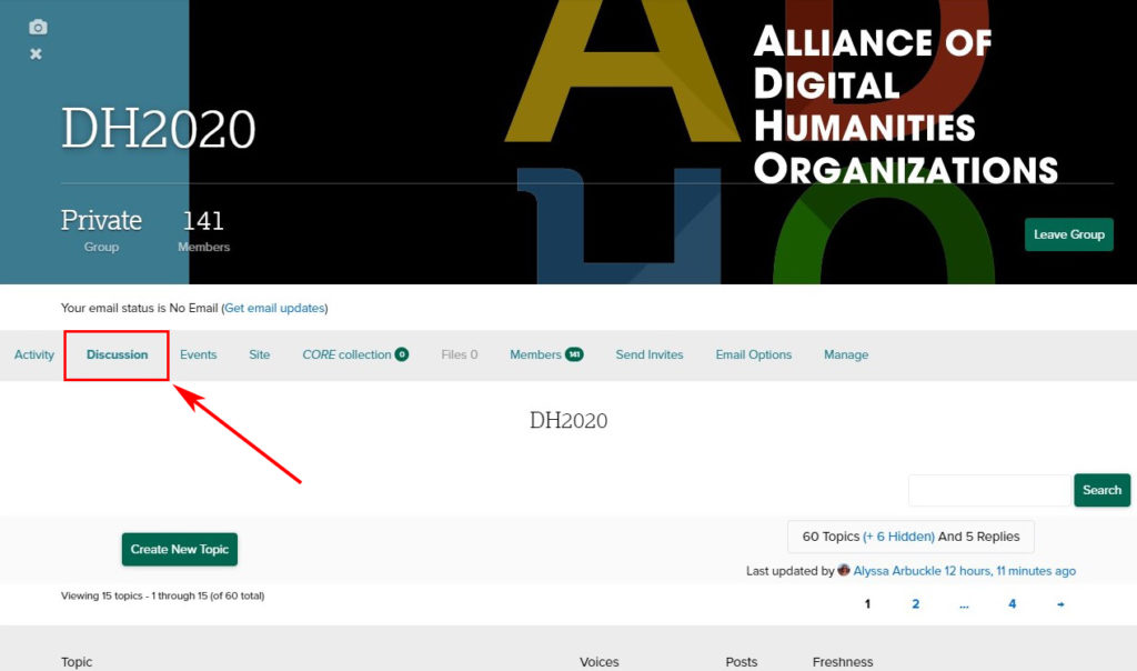 This image instructs users to select the "Discussion" tab on the DH2020 Humanities Commons homepage